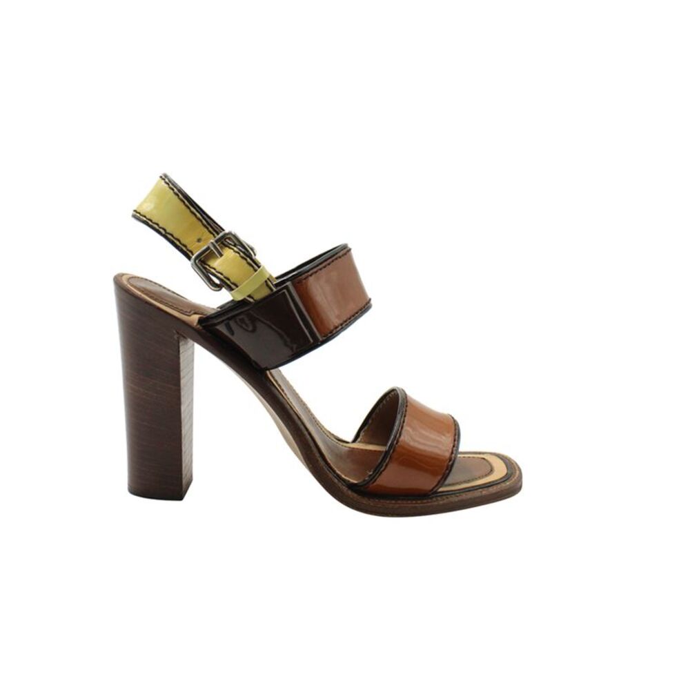 Prada Block-Heel Slingback Sandals in Brown Patent Leather